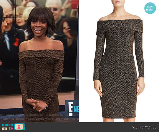 Aqua Metallic Off-the-Shoulder Dress worn by Zuri Hall on E! News