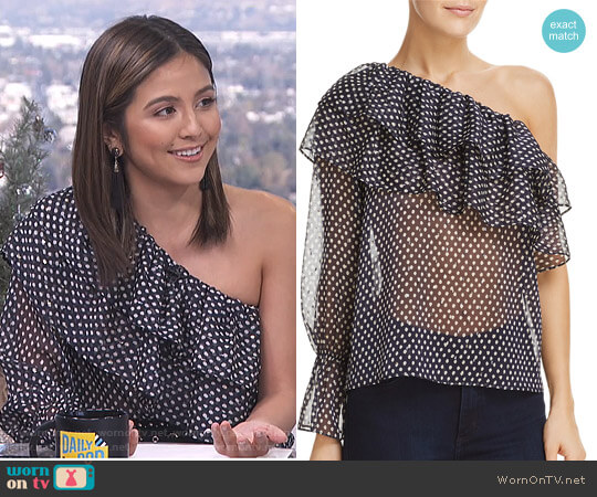 Aqua Metallic One-Shoulder Dot-Print Top worn by Erin Lim on E! News