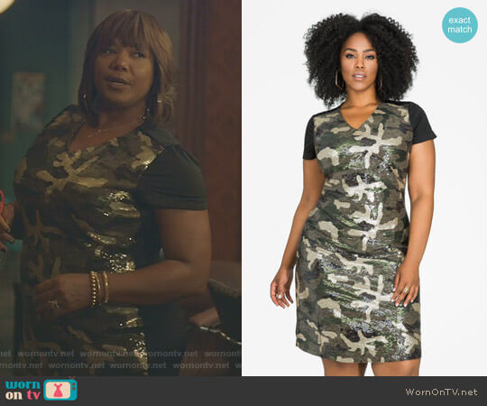Ashley Stewart Sequin Front Camo Sheath Dress worn by Carlotta Brown (Queen Latifah) on Star