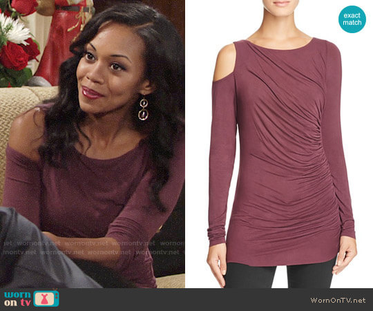 Bailey 44 Savy Cold Shoulder Top in Plum worn by Hilary Curtis (Mishael Morgan) on The Young and the Restless