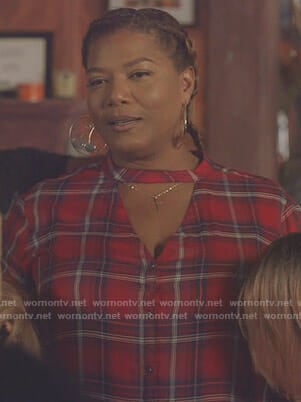 Carlotta’s red plaid choker neck shirt on Star