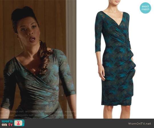Chiara Boni La Petite Robe Three Quarter Sleeve Wrap Dress in Maple Green worn by Catherine Wilder (Angel Parker) on Marvels Runaways