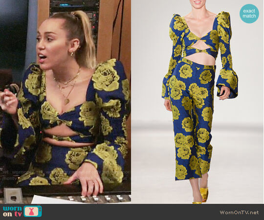 Christian Siriano Electric Floral Brocade Top worn by Miley Cyrus on The Voice