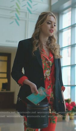 Fallon’s red floral pajamas and black tassel blazer on Dynasty