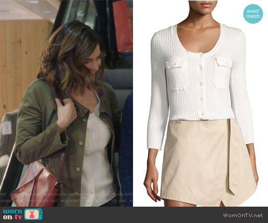 Frame Rib Patch Pocket Cotton Sweater worn by Heather Hughes (Betsy Brandt) on Life in Pieces