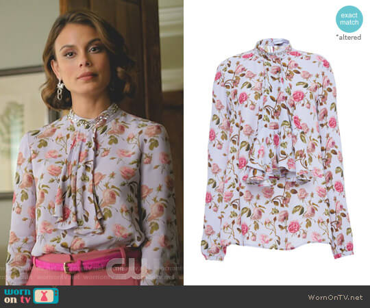 Francesco Scognamiglio Ruffle-Front Floral Print Blouse worn by Cristal Flores (Nathalie Kelley) on Dynasty