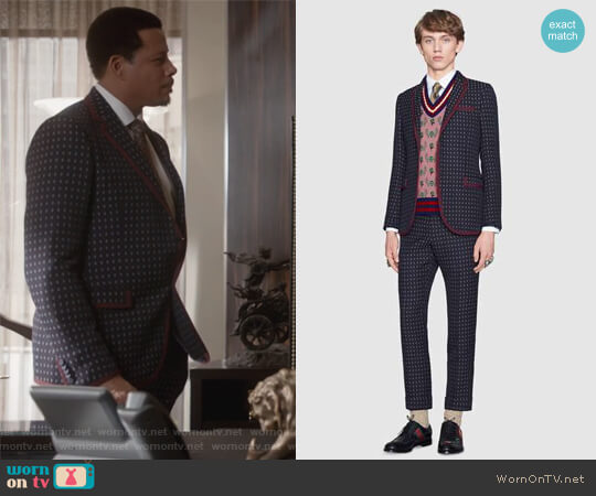 Gucci Monaco geometric pattern wool suit worn by Lucious Lyon (Terrence Howard) on Empire