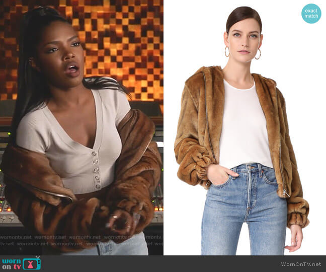 Helmut Lang Faux Fur Hooded Bomber Jacket worn by Alexandra Crane (Ryan Destiny) on Star