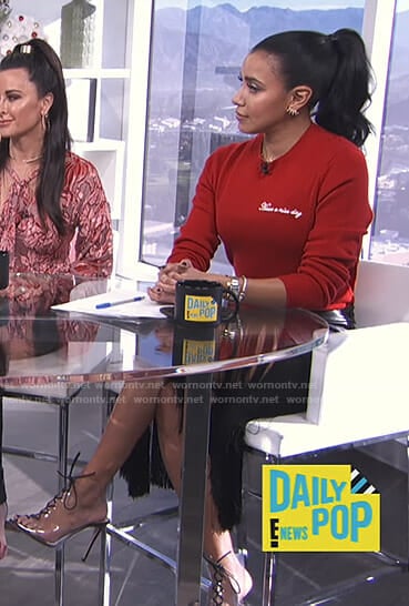Julissa Bermudez’s red have a nice day sweater on E! News Daily Pop
