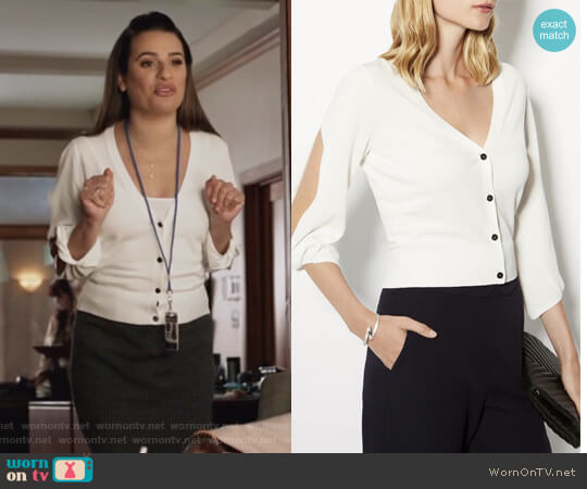 Karen Millen Volume Twist Sleeve Cardigan worn by Valentina Barella (Lea Michele) on The Mayor