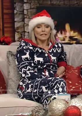 Kelly’s blue reindeer christmas onesie pajamas on Live with Kelly and Ryan