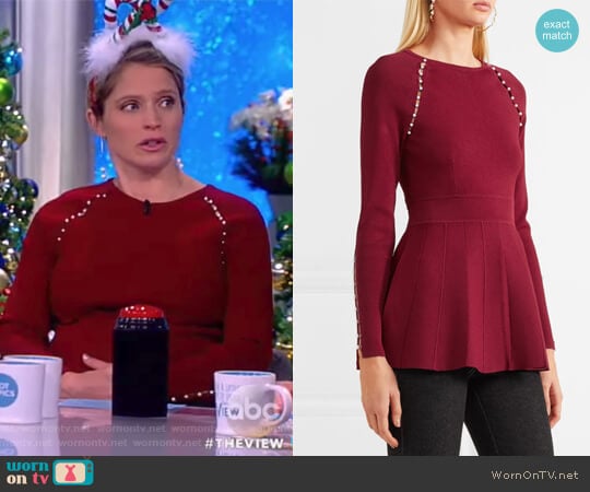 Lela Rose Faux pearl-embellished stretch-knit top worn by Sara Haines on The View