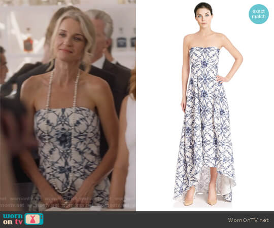 Marchesa Notte Floral Printed Faille Strapless Hi-Lo Evening Gown Dress worn by Janet Stein (Ever Carradine) on Marvels Runaways