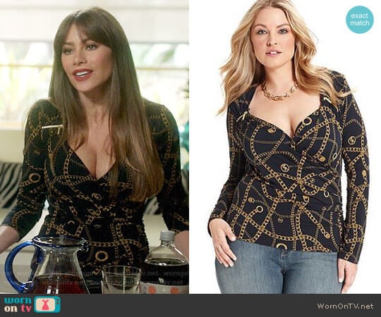 MICHAEL Michael Kors Long-Sleeve Printed Faux-Wrap Zip Top worn by  Gloria Pritchett (Sofia Vergara) on Modern Family