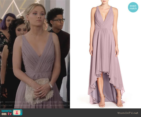 Monique Lhuillier Bridesmaids Deep V-Neck Chiffon High/Low Gown worn by Karolina Dean (Virginia Gardner) on Marvels Runaways
