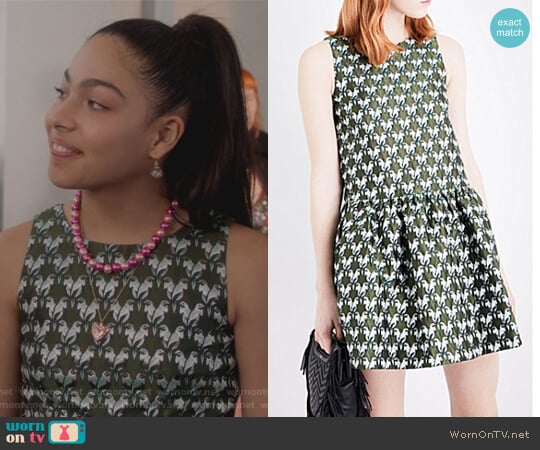 Maje Rower parrot-jacquard dress worn by Molly Hernandez (Allegra Acosta) on Marvels Runaways