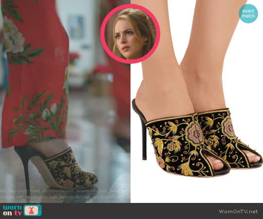 Malone Souliers Dawn Embellished Velvet Mules worn by Fallon Carrington (Elizabeth Gillies) on Dynasty