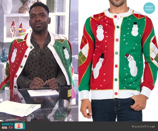 Tipsy Elves Ugly Christmas Snowmen Dancing Cardigan worn by Justin Sylvester on E! News