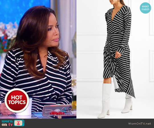Preen by Thornton Bregazzi Annabel asymmetric ruched striped stretch-jersey dress worn by Sunny Hostin on The View