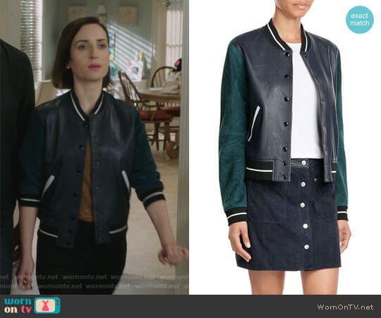 Rag and Bone Suede and Leather Varsity Jacket worn by Jennifer Short (Zoe Lister-Jones) on Life in Pieces