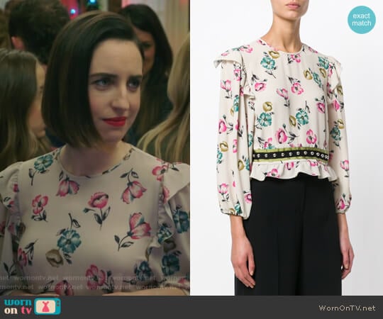 Red Valentino Ruffled Floral Blouse worn by Jennifer Short (Zoe Lister-Jones) on Life in Pieces