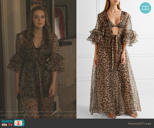 Rosamosario Bossie Bye Leopard-Print Silk Robe worn by Fallon Carrington (Elizabeth Gillies) on Dynasty