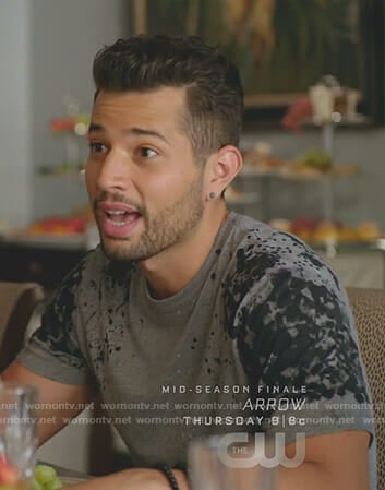 Sam’s grey paint splatter t-shirt on Dynasty