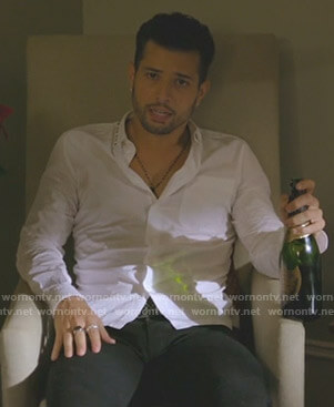 Sam’s white studded collar shirt on Dynasty