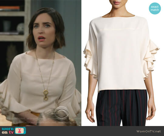 See by Chloe Boat-Neck Ruffled-Sleeve Crepe Top worn by Jennifer Short (Zoe Lister-Jones) on Life in Pieces