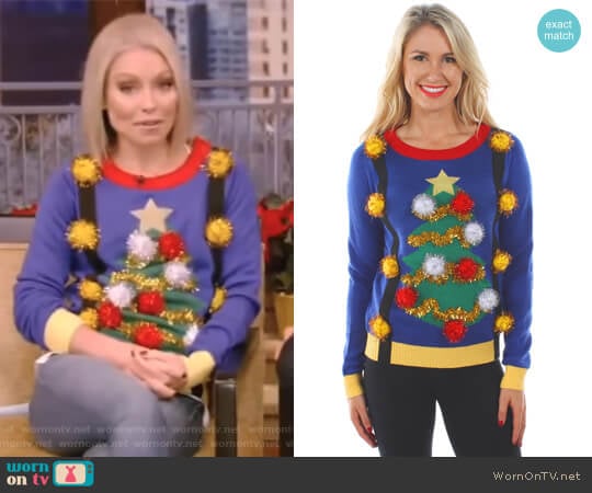 Tipsy Elves Christmas Tree Sweater with Suspenders worn by Kelly Ripa on Live with Kelly and Mark