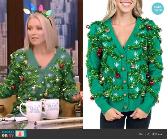 Tipsy Elves Tacky Christmas Sweater With Ornaments worn by Kelly Ripa on Live with Kelly and Mark
