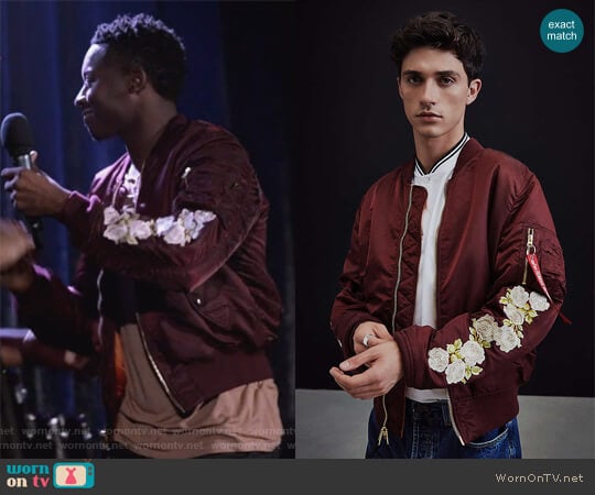 Alpha Industries X UO Rose Sleeve Bomber Jacket worn by Courtney Rose (Brandon Micheal Hall) on The Mayor