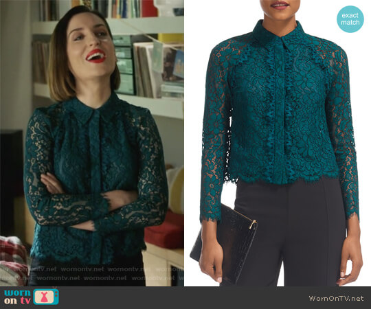 Whistles Suzie Scalloped Lace Shirt worn by Jennifer Short (Zoe Lister-Jones) on Life in Pieces