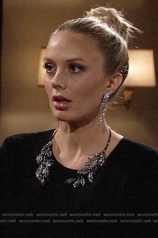 Abby’s black feather trim dress and leaf collar necklace on The Young and the Restless