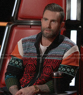 Adam Levine’s mixed print zip cardigan on The Voice