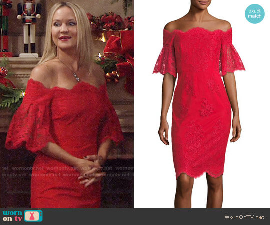 Badgley Mischka Lace Off-the-Shoulder Flutter-Sleeve Cocktail Dress worn by Sharon Newman (Sharon Case) on The Young and the Restless