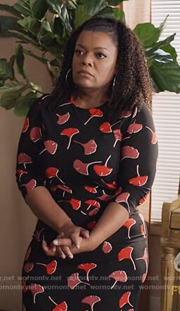 Dina’s black and red flower print dress on The Mayor