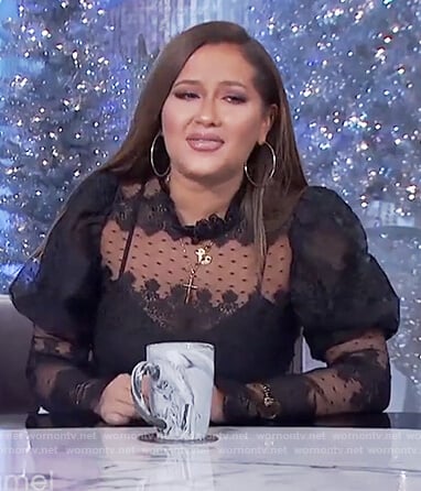 Adrienne’s black embroidered mesh top on The Real