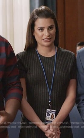 Valentina’s black pinstripe dress on The Mayor