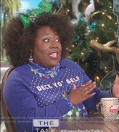 Sheryl’s blue christmas sweater on The Talk