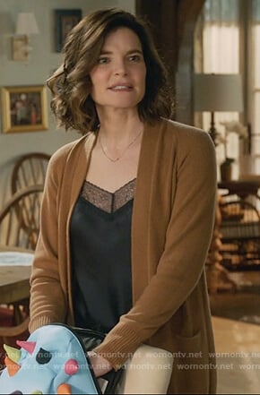 Heather’s black lace trim cami and camel cardigan on Life in Pieces