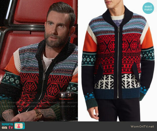 Burberry Carnell Mixed-Knit Zip Cardigan worn by Adam Levine on The Voice