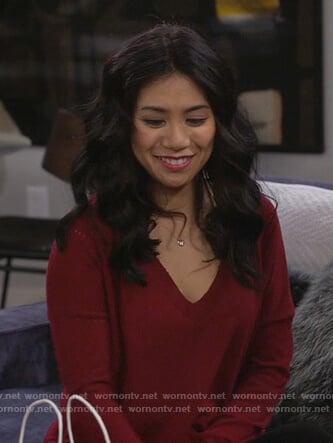 Eve’s burgundy v-neck sweater on 9JKL
