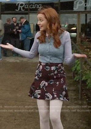 Cassandra’s burgundy floral skirt on The Librarians