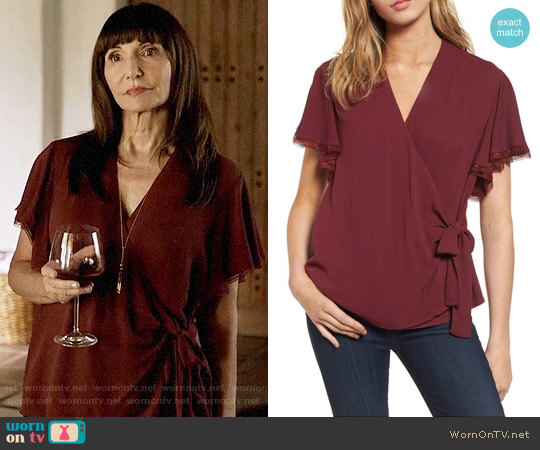Chelsea28 Ruffle Wrap Blouse in Red Tannin worn by Gail Klostermann (Mary Steenburgen) on Last Man On Earth