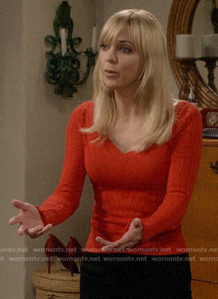 Christy’s red ribbed v-neck top on Mom
