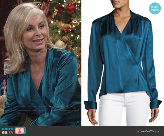 Elie Tahari Shelly Long-Sleeve Surplice Silk Satin Blouse worn by Ashley Abbott (Eileen Davidson) on The Young and the Restless