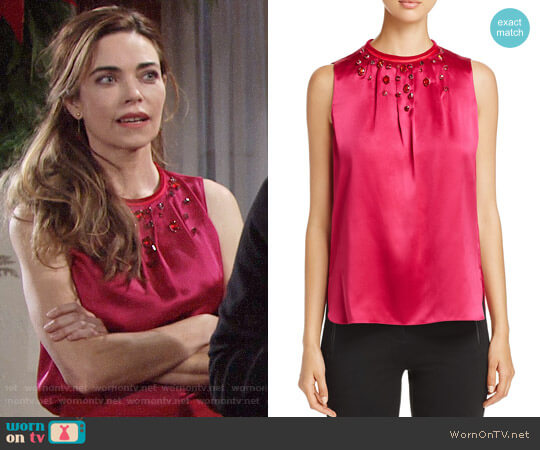 Elie Tahari Betsy Embellished Blouse in Wild Currant worn by Victoria Newman (Amelia Heinle) on The Young and the Restless