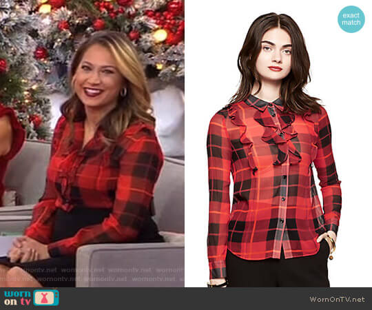 Kate Spade Woodland Plaid Crinkle Chiffon Blouse worn by Ginger Zee on Good Morning America
