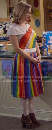 Kimmy’s rainbow top and skirt on Fuller House